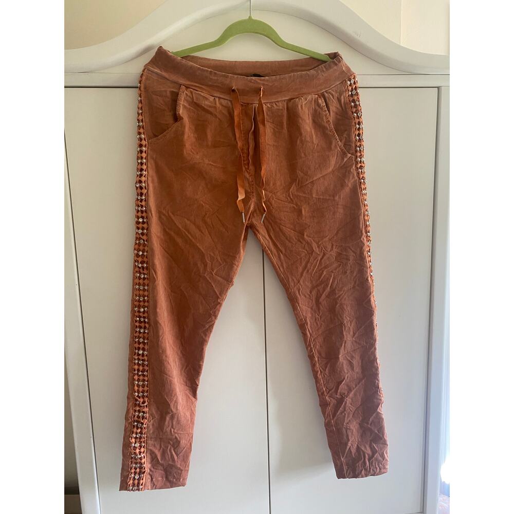 Marisima Italian Pants One Size Boho Hippie coral orange with embellishments